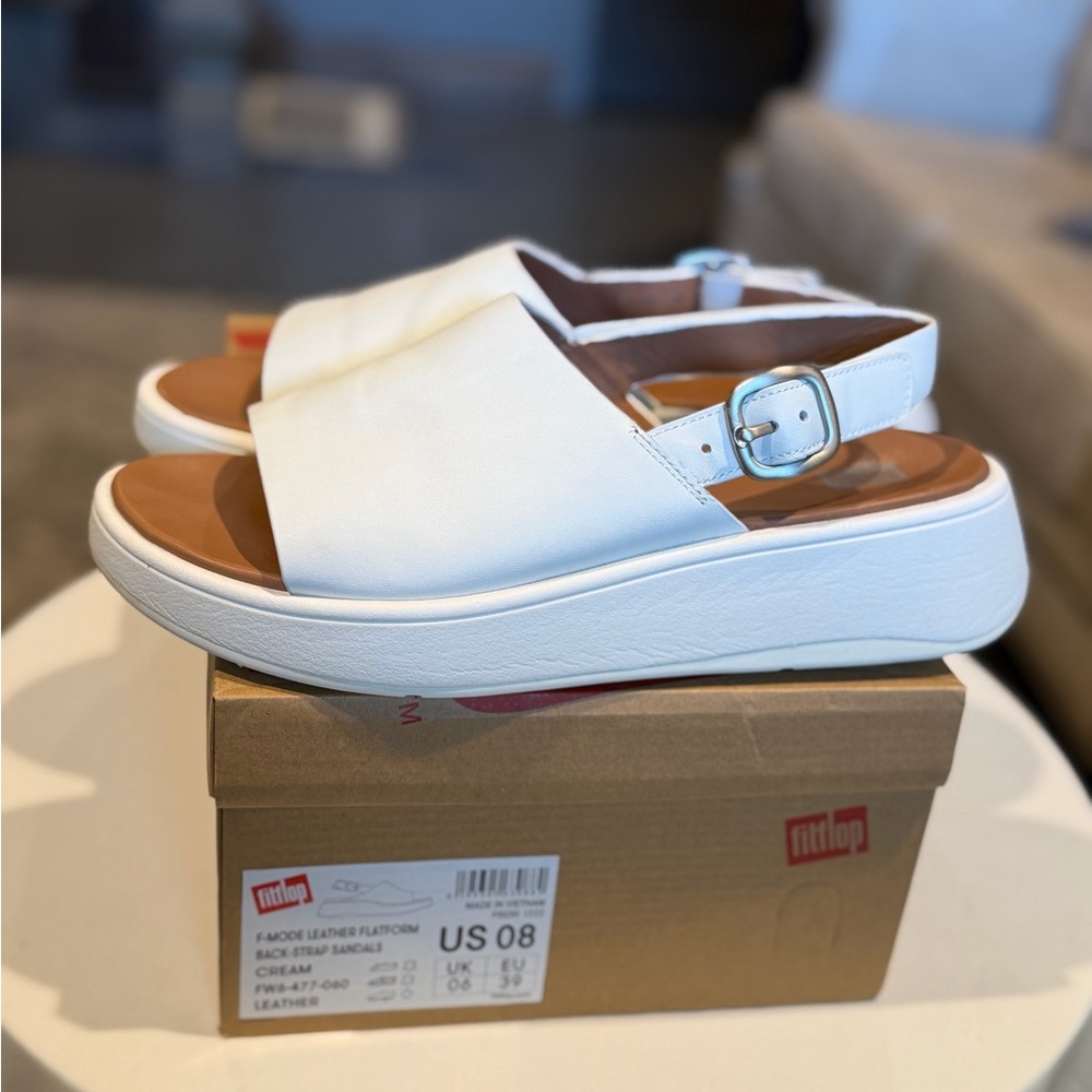 FitFlop Cream White Women's, F-Mode Leather Platform Back-Strap Sandal Size 8